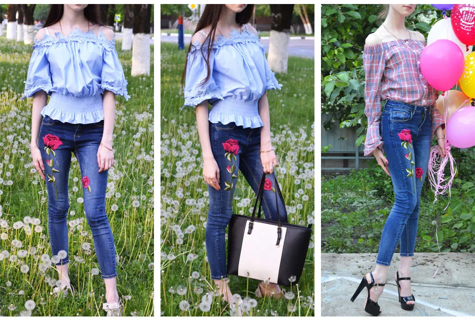 Стрейчевые джинсы с вышивкой для женщин, эластичные джинсы с цветочным принтом, женские джинсовые брюки-карандаш с розами, Pantalon Femme GAREMAY 155