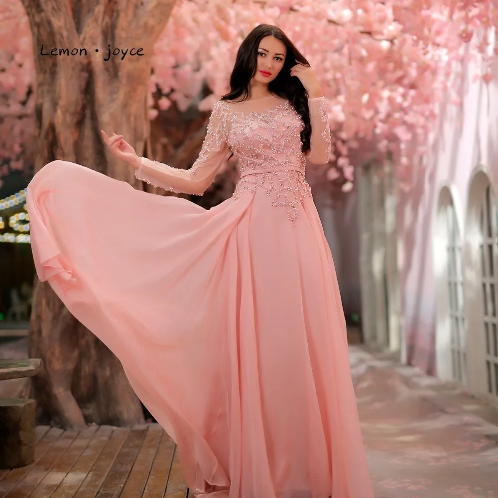 

Lemon joyce Pink Prom Dresses with Long Sleeves 2019 New O-neck Beading A-Line Prom Party Gowns Plus Size robe de soiree