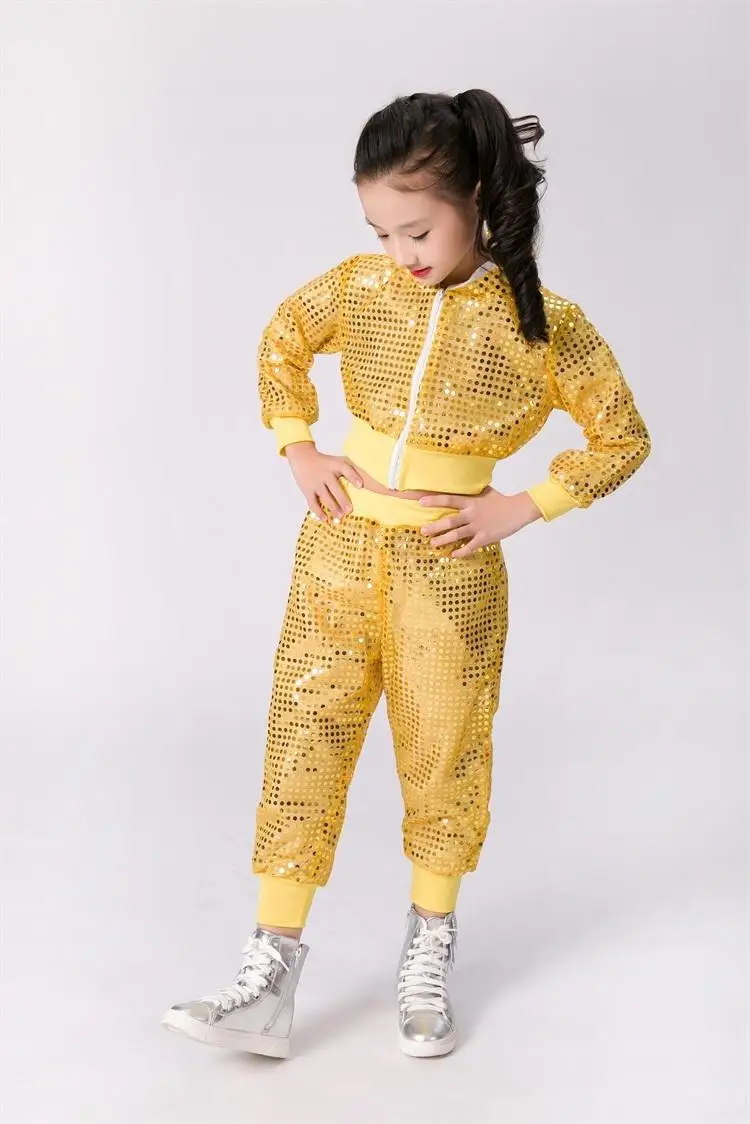 Детский танцевальный костюм джазовая одежда стиль блесток хип-хоп танец джаз дети танцевальные соревнования представление сценическая одежда - Цвет: Цвет: желтый