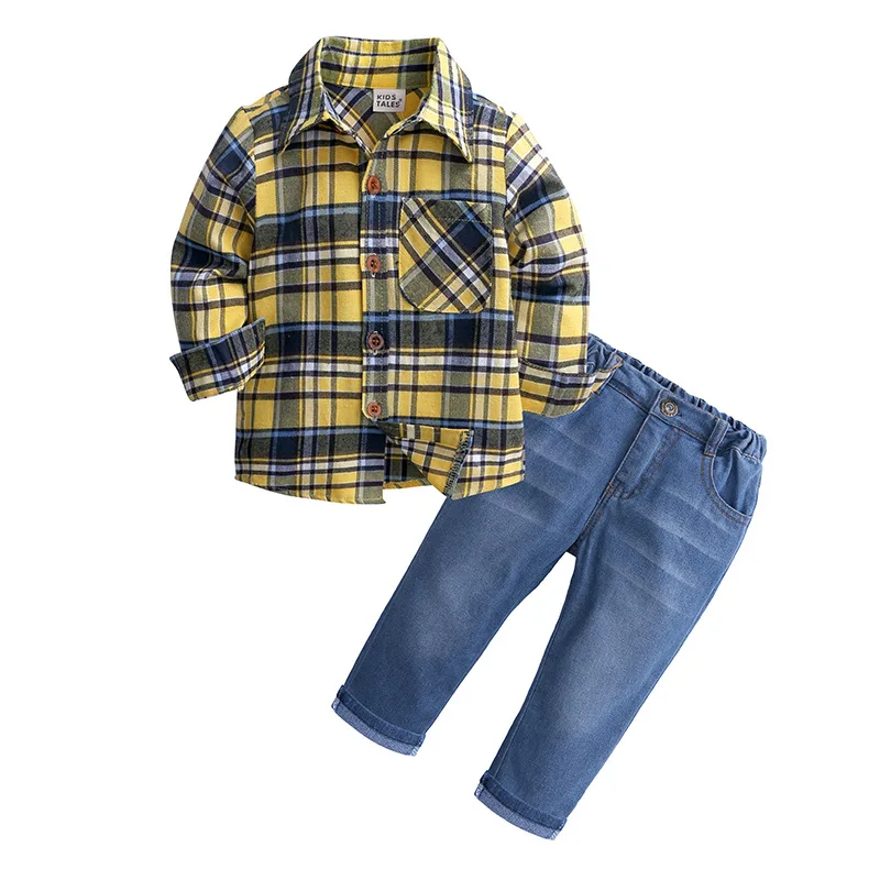 

2019 fashion Autumn new childrens suits boy Huanggezi long-sleeved gentleman shirt jeans sets shirt trousers kids clothes