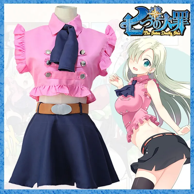 

The Seven Deadly Sins Elizabeth Liones Cosplay Costume Pink Top Skirt Belt Full Set Halloween Role Play