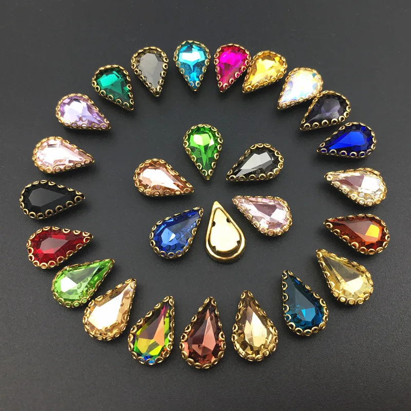 

8x13mm,6x10mm Pear Drop Fancy Stone with Gold Lace Claw Setting Teardrop Glass Crystals More Colors Sew on for dress,Jewelry