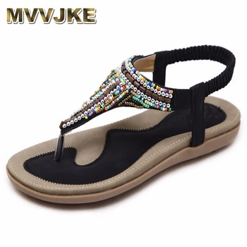 

MVVJKE Women Ethnic Bohemia Flat Sandals Shoes Woman String Bead Flip Flop Beach Sandals Casual Shoes size 35-42 Black Beige