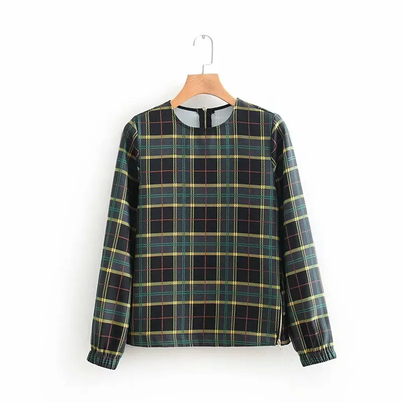 

2019 women vintage o neck long sleeve plaid printing casual smock blouse shirts women england style basic pullover blusas LS2882