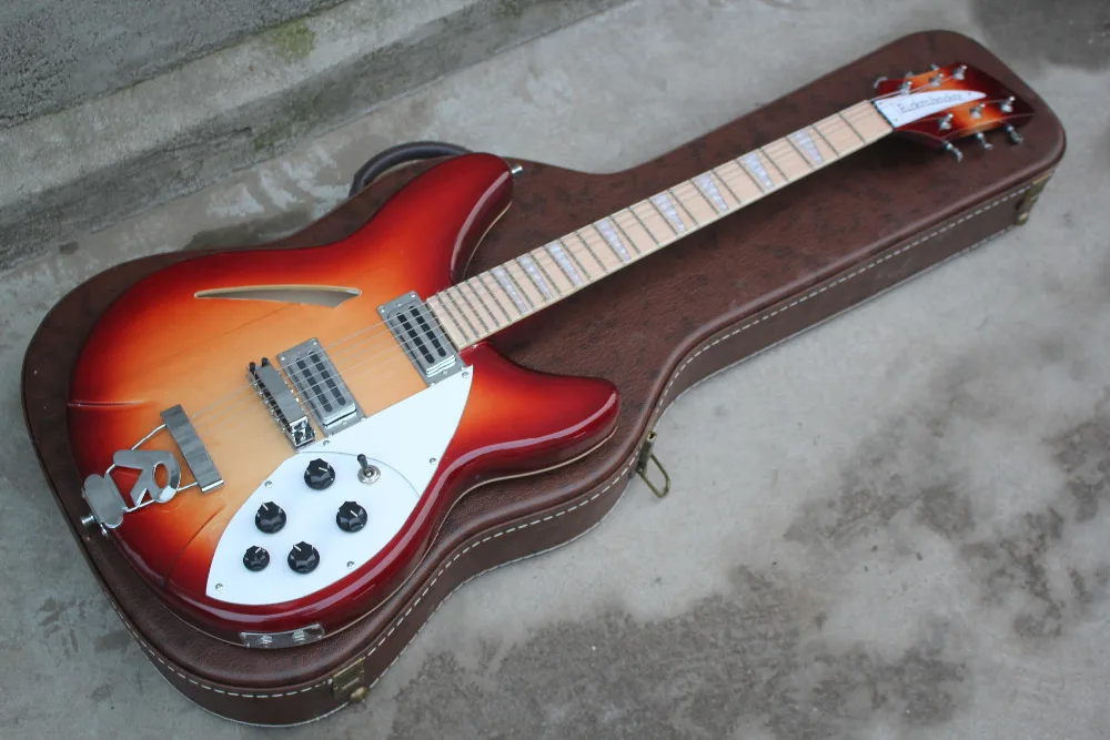 

Free shipping High Quality Rick Semi Hollow Ricken Guitar Cherry Red Burst 2 Pickups R Tremolo Electric Guitar with case--17-11-