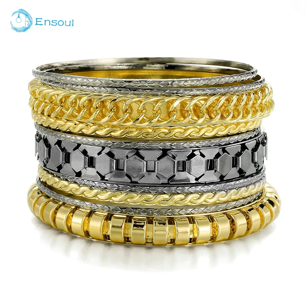 

Ensoul 2019 New Fashion Top Style Gold/Hem Mixed Metal Bangles Set of 10 Luxury Bracelets For Women Jewelry Friendship Gift