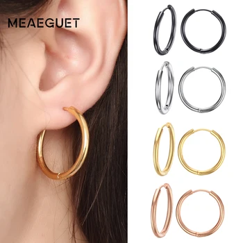 Meaeguet Trendy Silver Rose Gold Black Tone Stainless Steel Hoop Earrings Round Loop Earring For Women 25mm/20mm/11mm