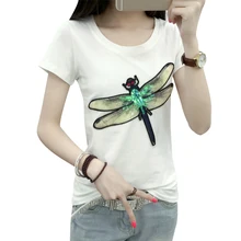 Интересные футболки с пайетками стрекоза женские топы летние хлопковые тонкие футболки с коротким рукавом женские футболки большие размеры футболки