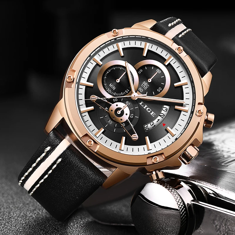 

New LIGE Relogio Masculino Men's Military Sport Watches Men Leather Waterproof Quartz Watch Chronograph Montre Homme Luxe + Box
