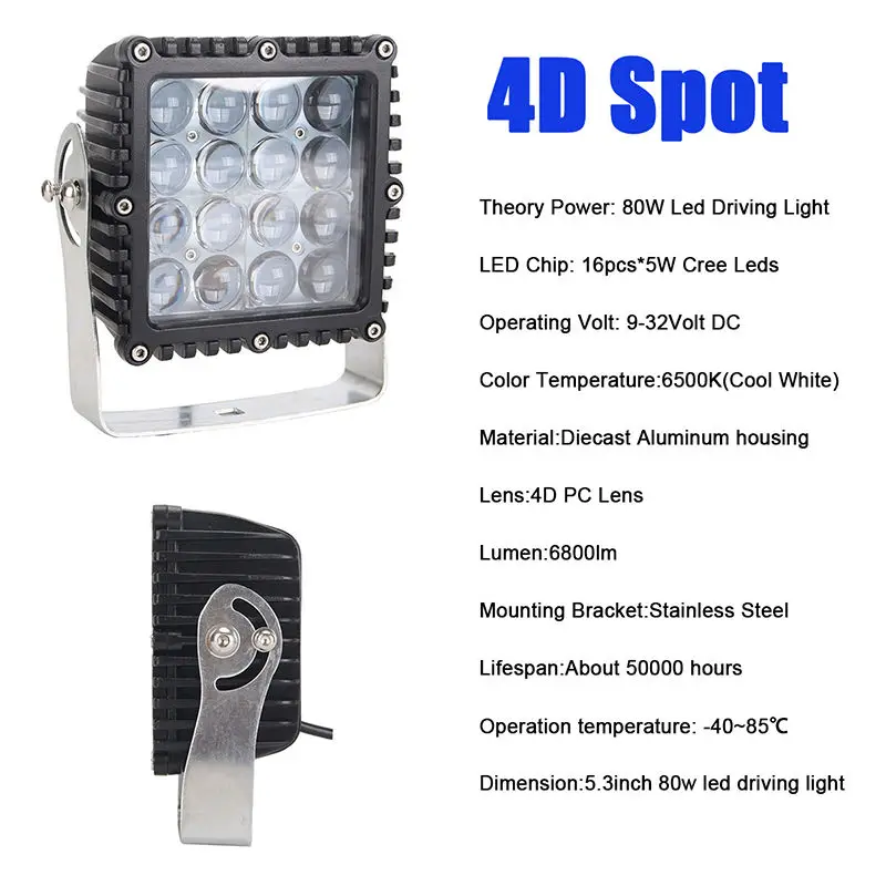 Boat Driving Lamp Spot Square LED WORK LIGHT OFFROAD TRUCK JEEP Moto CREE BOAT 4d 80w LED Work Light Worklight 10 30V 4WD 12 volt led work lights for Off Road work light led car 5 INCH 4D 80W LED Work Light