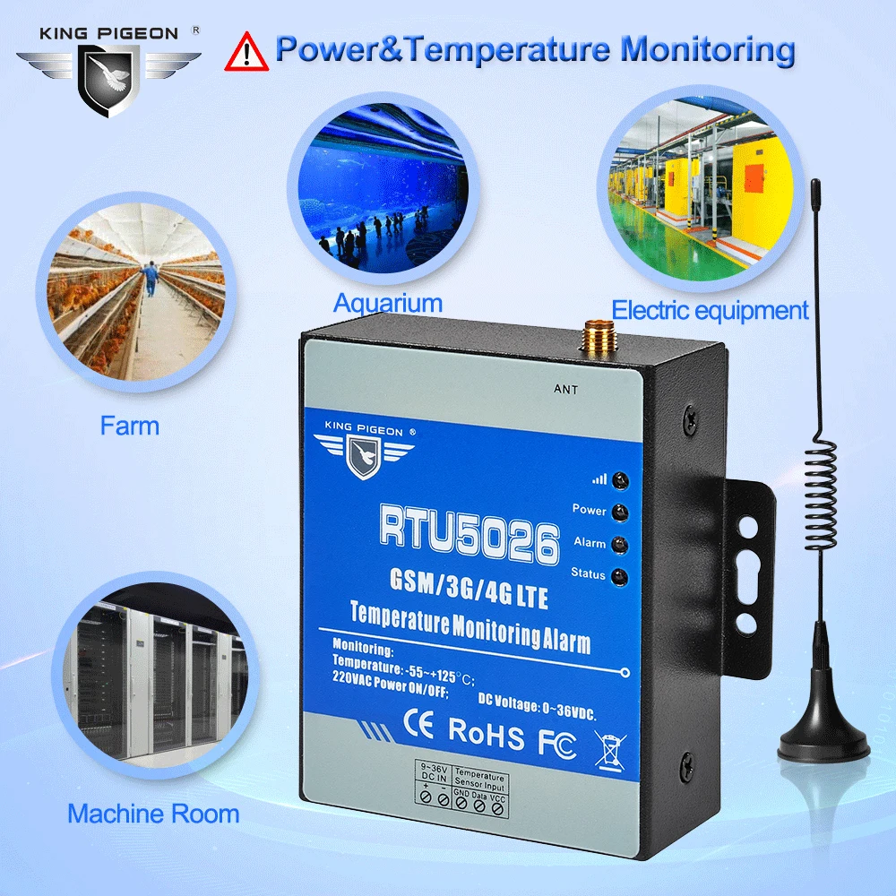 Wireless GSM Temperature Monitor Alarm AC Power Status Monitoring supports SMS Alert for Solar Panel Greenhouse RTU5026