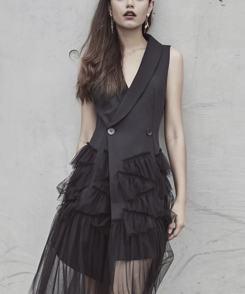 

2017 fashion elegant sleeveless vest suit of perspectivity gauze elegant one-piece dress female