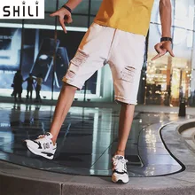 ; модная обувь для отдыха; мужские рваные Короткие джинсы брендовая одежда летней коллекции, Стильные комплекты из хлопчатобумажной ткани, состоящие из шортов дышащая срывая Джинсовые шорты Большие размеры, для мужчин