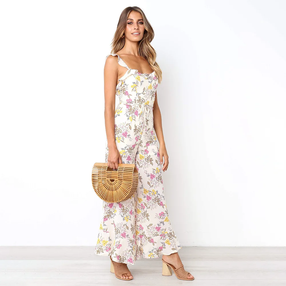 Spring Floral Print Jumpsuit Women Lace Up Spaghetti Strap Backless Jumper Summer Wide Leg Romper Chiffon Overalls Outfits