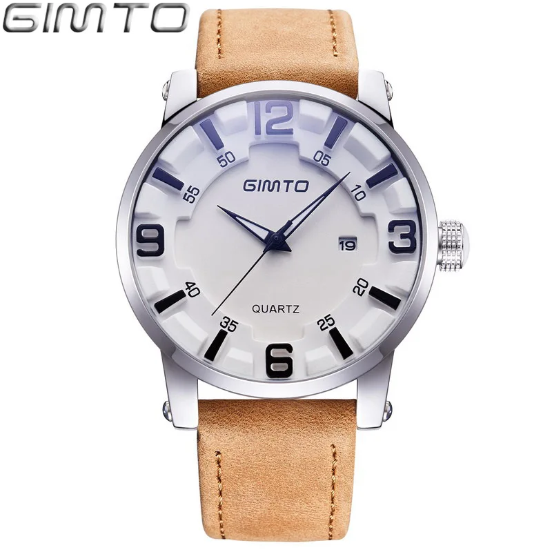 

men watch quartz genuine leather man wristwatches GIMTO brand mens watches waterproof calendar men's watch brown black