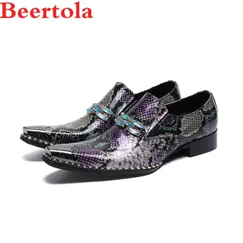 

New Real Leather Men's Dress Shoes Mixed Color Snakeskin Pattern Chaussure Male Blue Crystal Decor Wedding Party Flats Shoes Men