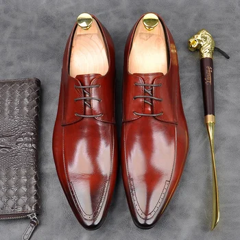 

Fashion Genuine Leather Formal Men's Derby Oxfords Shoes Italian Designer Pointed Toe Handmade Wedding Party Footwear AM181