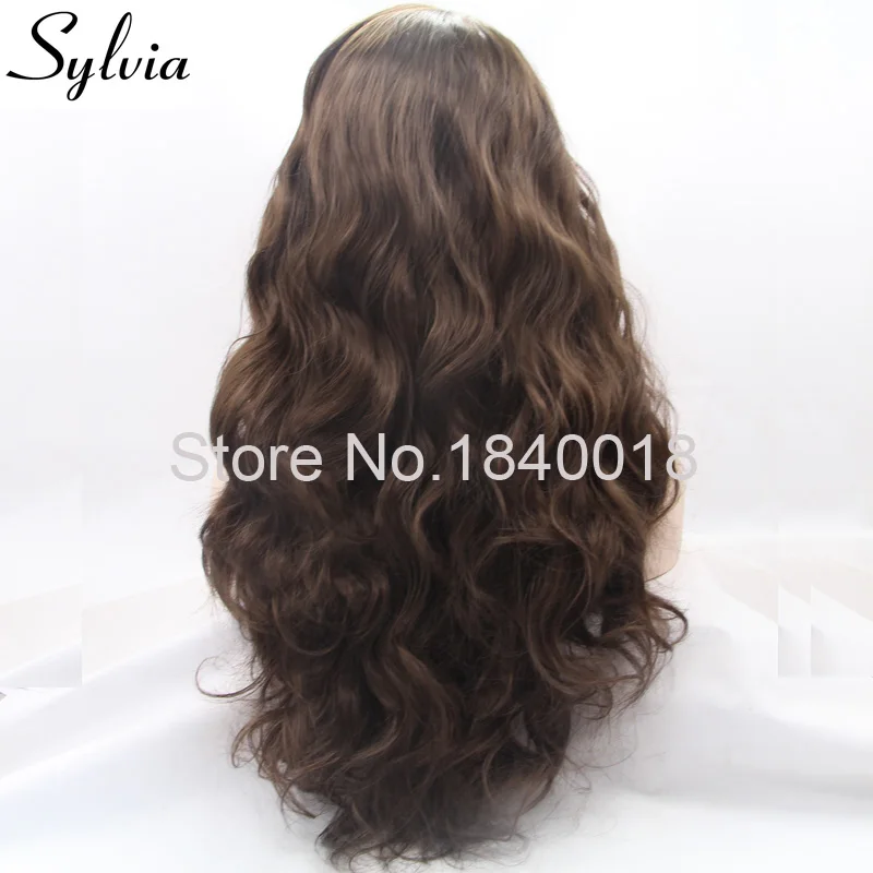 Sylvia 6# натуральные темно-коричневые объемные волнистые синтетические парики на шнурках спереди кофейные коричневые бесклеевые термостойкие волокна для женщин