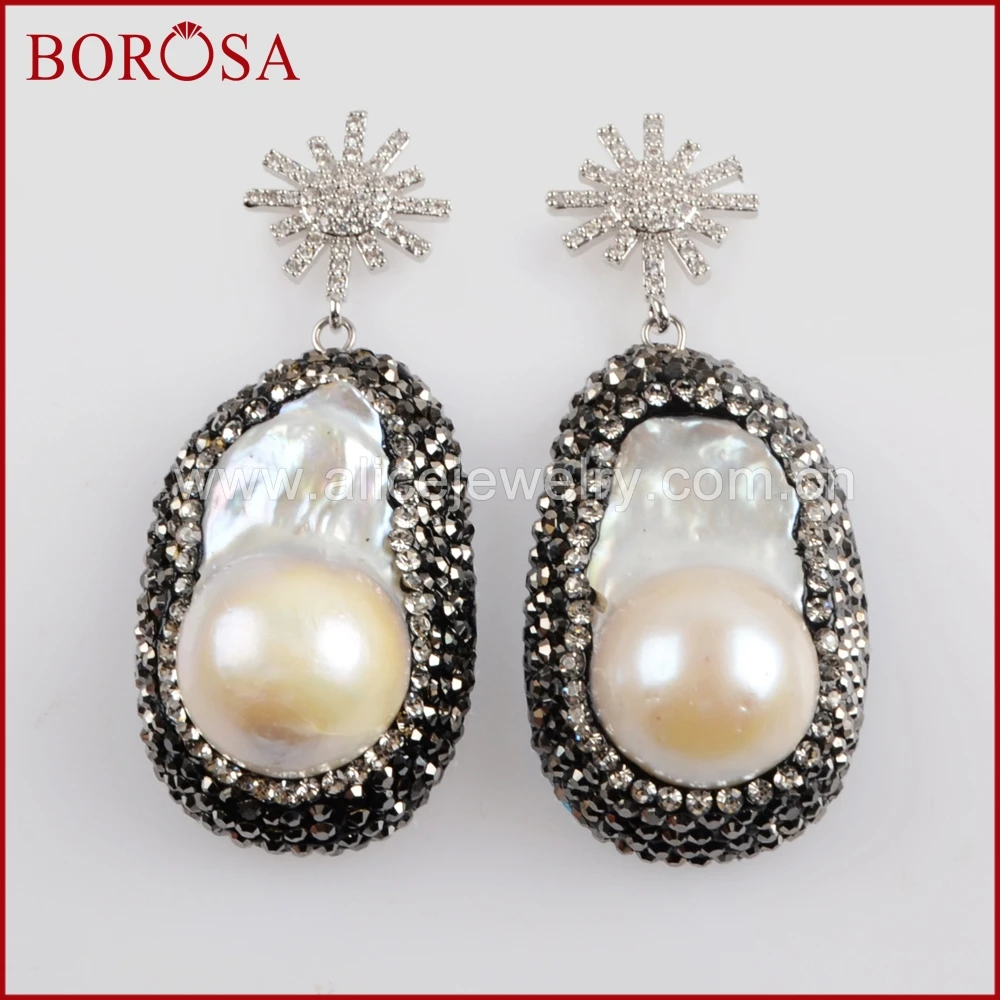 BOROSA ручной природных Серьги с жемчугом CZ микро проложить и Кристалл Rhinestone Freeform