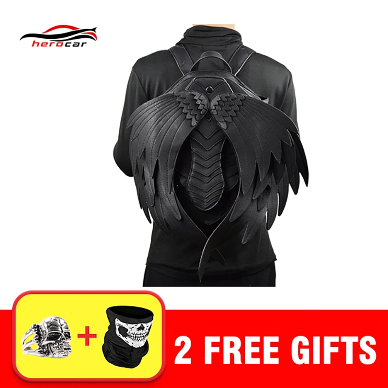 

New 2018 Black Bag Pu Leather Motorcycle Backpack Men And Women Fashion Motocross Bags Wings Multi-function Travel Wallet