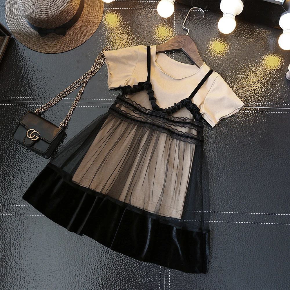 

2019 New Summer Party Dress For Girls Cotton T-shirt + Mesh Sling Dress Wedding Kids Children Clothes Princess Tutu Dresses
