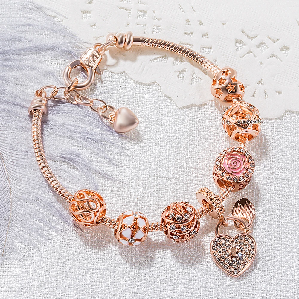 

Rose Gold Vintage Bracelet Luxury Brand Women Heart Key Pendant Snake Chain Charm Bracelets&Bangle DIY Handmade For Girl Jewelry