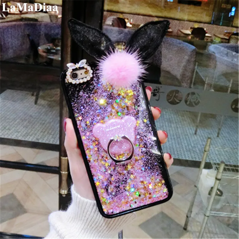 

LaMaDiaa Luxury Cute Bear Finger Ring Buckle strap glitter Liquid case for iPhone 5 5S SE 6 6S 7 8 6plus 7plus 8plus X XS max XR