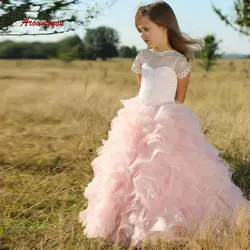 Розовый Платье с кружевными цветами для девочек для вечерние и свадьбы тюль Театрализованное Первое Святое Причастие платье для девочек