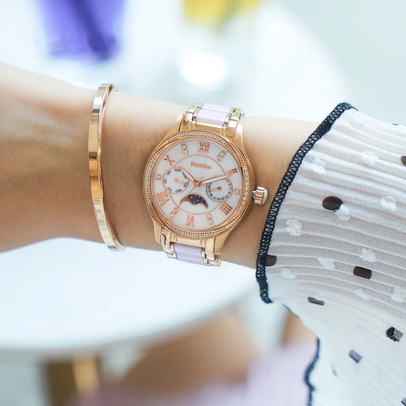 Bestdon, женские часы с бриллиантами, Лидирующий бренд, роскошные модные кварцевые наручные часы с фазой Луны, керамические водонепроницаемые часы, Прямая поставка