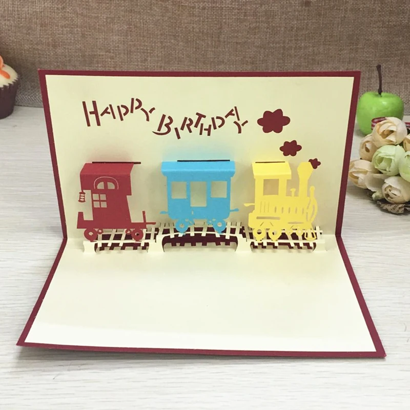 1pcs Happy Train Laser Cut Paper Greeting 3D Pop Up Kirigami Card Wedding Invitation Birthday Valentine's Day Postcards Gifts (2)