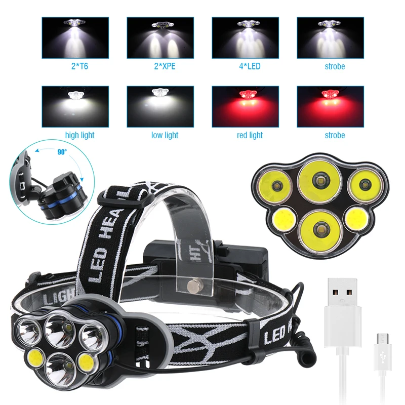 Boruit 2*T6+2*XPE+2*COB 6 LED MICRO USB Headlamp Headlight Head Torch