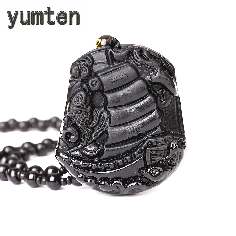 Yumten Black Make Money Smooth Sailing Obsidian Stone Jewelry Lucky Pendant Natural Luxury Guardian Long Necklace | Украшения и