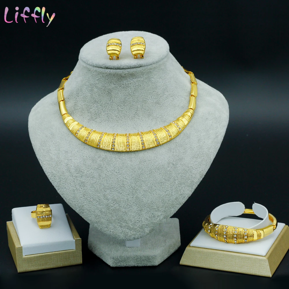

Liffly Turkey Necklace Earring Ring Bracelet Dubai Jewelry Sets Women African Bridal Wedding Gifts African Beads Jewelry Set