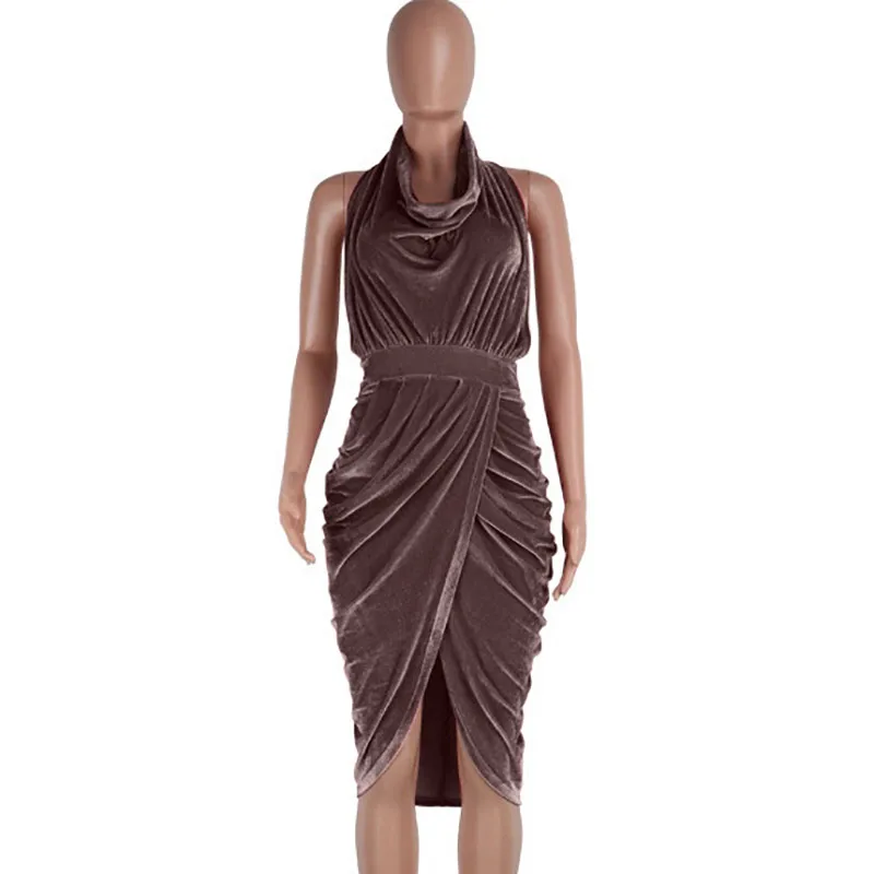 ShejoinSheenjoy Halter Sleeveless Autumn Dress Wrapped Split Backless Fold Sexy Women Dress Velvet Midi Party Dresses Clothing (10)