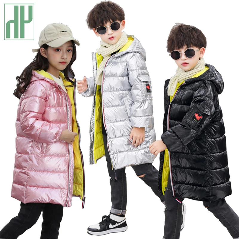 

HH 3-12 Years Girls Boys Winter jacket kids Pink Silver Hooded Padded Jacket Parka Long Overcoat snowsuit children jacket