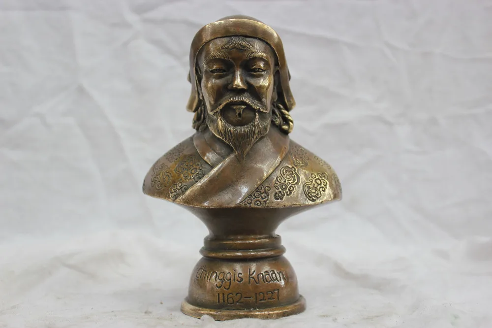 

17.8 cm * /China Pure Bronze Genghis Khan Bust Statue Carved Auspicious Flowers Free shipping