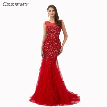 

CEEWHY Luxury Evening Dress Pageant Dresses O-neck Beading Tassel Evening Gown Red Evening Dresses Long Vestido de Festa Longo