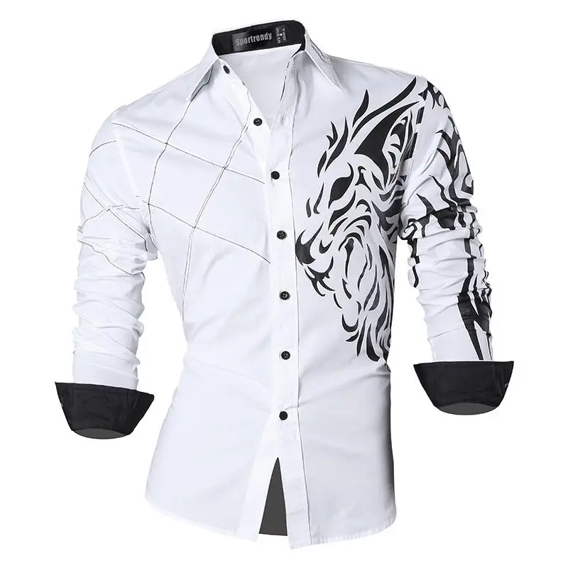 Sportrendy Мужская рубашка платье повседневное с длинным рукавом Slim Fit Мода Дракон стильный JZS041 - Цвет: JZS045-White