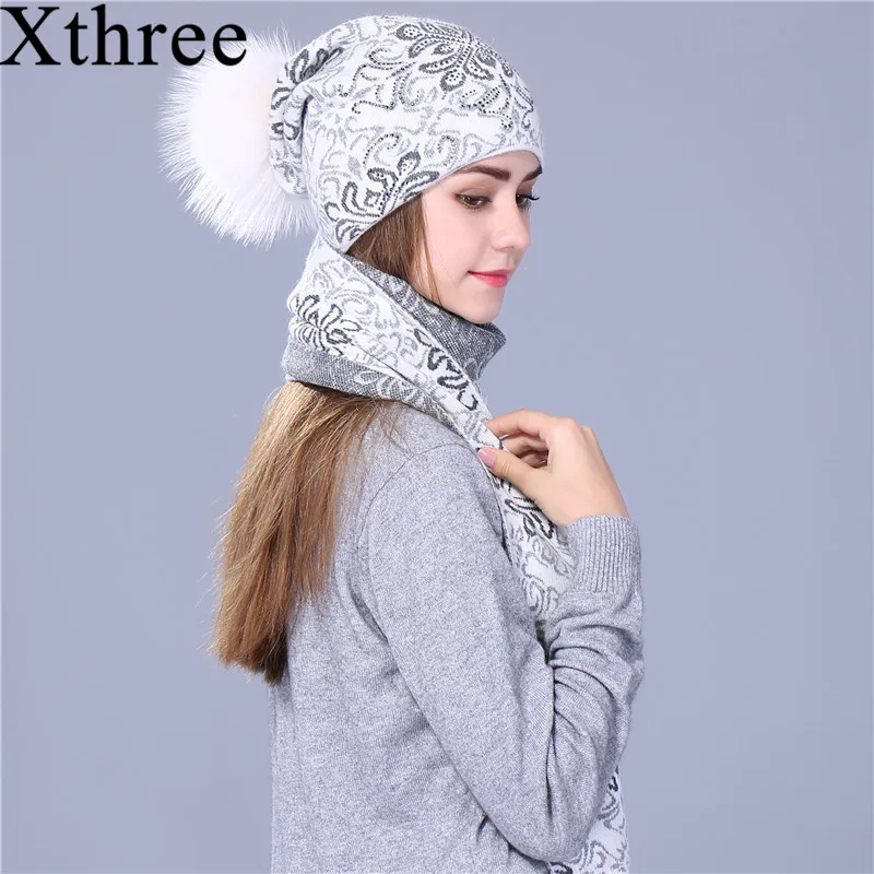 

Xthree Chinese style winter scarf hat set Thick Double-deck Warm wool Knitted hat scarf for women big real mink fur pom pom
