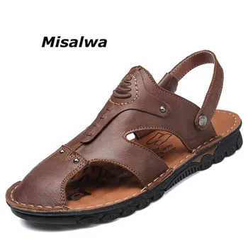 

Misalwa Men Leather Sandals Casual Comfortable Slippers Summer Men Roman Outdoor Slip on Beach Sandals for Boyfriend 2019