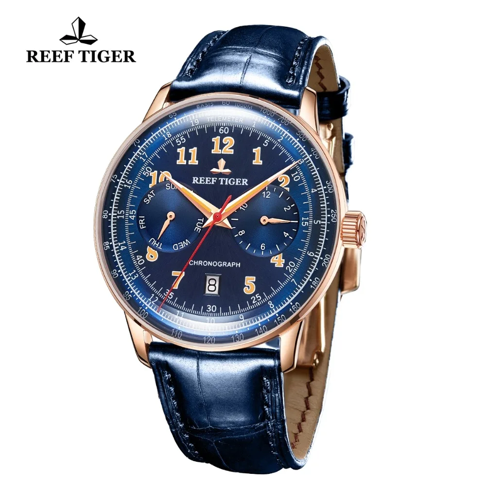 Мужские наручные часы Reef Tiger/RT синие автоматические пилот Функциональные
