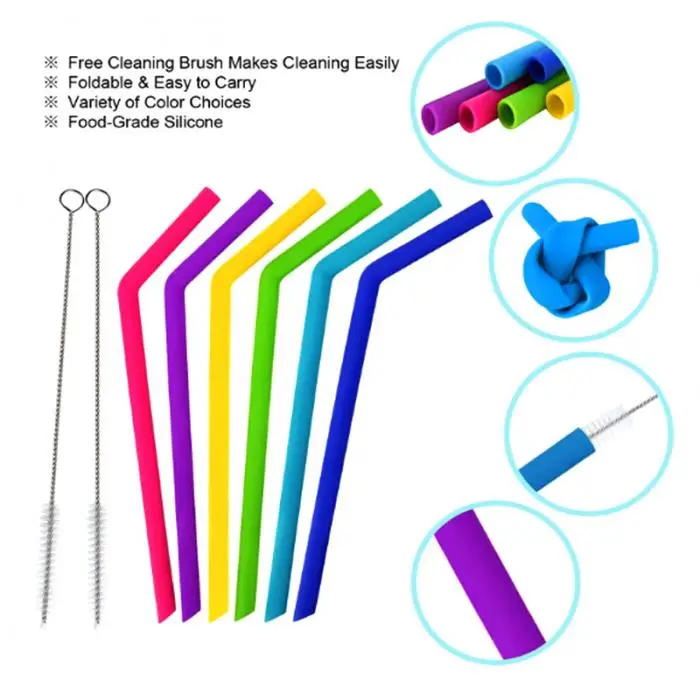 6pcs Silicone Straws with Washing Brushes Reusable Healthy Extra Long Straws LBShipping