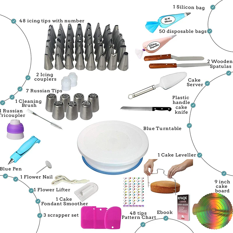 174 шт Набор для украшения торта для начинающих-1 Поворотная подставка-сервер для торта и набор ножей-48 пронумерованных