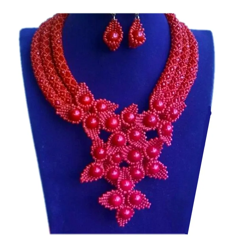 

African Costume Beaded Jewelry Sets Red Flowers Handmade Beads Nigerian Sets For Women Luxury Wedding Necklaces 2018 Free Ship