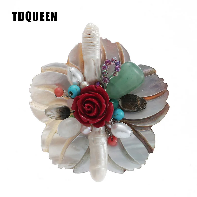 

TDQUEEN Natural Shell Flower Brooches Antique Silver Plated Fresh Water Pearls and Natural Stone Beads Brooch Pin for Women
