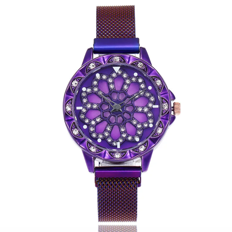 Новые часы Lucky для женщин, браслет, роскошные часы из розового золота, вращающийся циферблат кварцевых часов, модные магнитные наручные часы, relogio feminino - Цвет: Фиолетовый