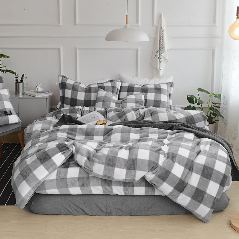 

Modern Style Is Low-Key And Black And White Plaid Pattern Velvet Bedding Sets Lambs Wool Fleece Bed Sheet Duvet Cover Set 4Pcs