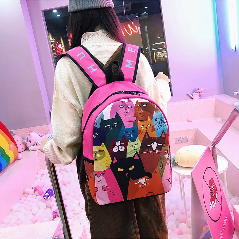 Menghuo Lovely Cat Printing Backpack Women Canvas Backpack School Bags for Teenagers Ladies Casual Cute Rucksack Bookbags (32)