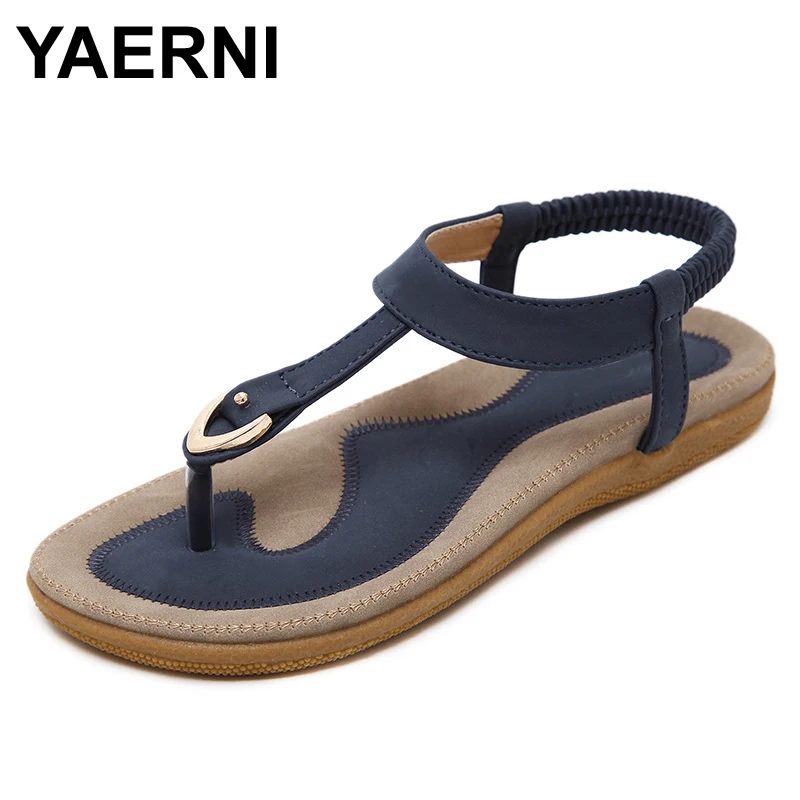 preço YAERNI 2017 Verão Sapatos Mulher sandálias de Couro Boemia confortáveis não deslizamento fundo macio planas mulheres flip flops sandálias mais tamanho