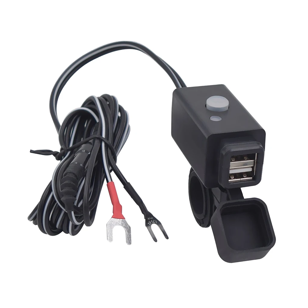 

Motorcycle Dual USB Cell Phone Port Charger Socket with Power Switch Waterproof and Dustproof Rubber Cap Design